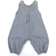 Load image into Gallery viewer, penny romper sewing pattern for babies and toddlers, by dhurata davies,  front view of the romper made in a small black and white gingham fabric