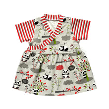 Load image into Gallery viewer, flo dress and riley leggings sewing pattern for babies and toddlers by dhurata davies, flat lay of the panda dress with stripy trim on the front overlap, and stripy sleeves