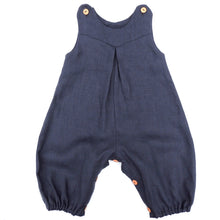 Load image into Gallery viewer, penny romper sewing pattern for babies and toddlers, by dhurata davies,  front view of the romper made in a charcoal grey linen fabric