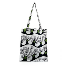 Load image into Gallery viewer, twin tote, bag sewing pattern by dhurata davies, hanging from both handles, showing the flat front view. made in an abstract black and green tree design on a white background