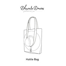Load image into Gallery viewer, A black line art illustration of a tote bag sewing pattern with the text 'Dhurata Davies patterns' above and 'Hattie Bag' below on a plain white background.