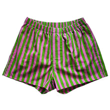 Load image into Gallery viewer, Hugo Boxers sewing pattern in green and pink stripe, front view