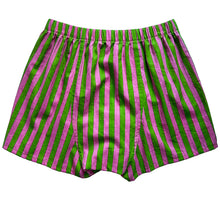 Load image into Gallery viewer, Hugo Boxers sewing pattern in green and pink stripe, back view