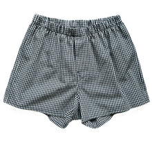Load image into Gallery viewer, Hugo Boxers sewing pattern in black and white gingham, front view