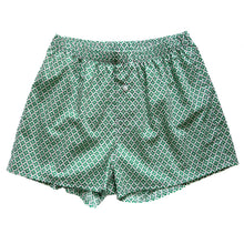 Load image into Gallery viewer, Hugo Boxers sewing pattern in green clover print, front view