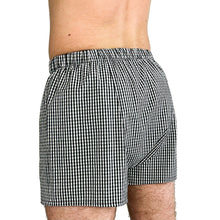 Load image into Gallery viewer, Man wearing the Hugo Boxers sewing pattern in black and white gingham, angled back view