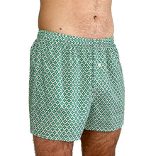 Load image into Gallery viewer, Man wearing the Hugo Boxers sewing pattern in green clover print, angled front view