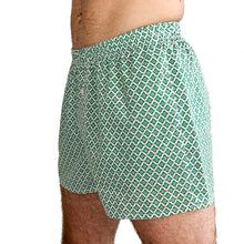 Load image into Gallery viewer, Man wearing the Hugo Boxers sewing pattern in green clover print, angled side view