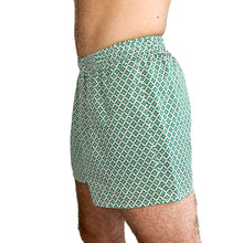 Load image into Gallery viewer, Man wearing the Hugo Boxers sewing pattern in green clover print, side view