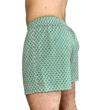 Load image into Gallery viewer, Man wearing the Hugo Boxers sewing pattern in green clover print, angled back view