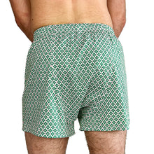 Load image into Gallery viewer, Man wearing the Hugo Boxers sewing pattern in green clover print, back view