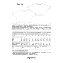 Load image into Gallery viewer, Rea Top diagram with two versions and metric measurements for size and fabric suggestions