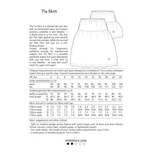 Load image into Gallery viewer, Tia Skirt pattern with metric measurements and fabric suggestions on a white background