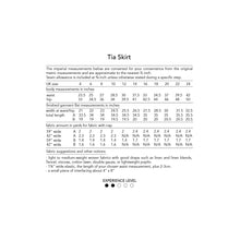 Load image into Gallery viewer, Measurement chart for a Tia Skirt with imperial dimensions.