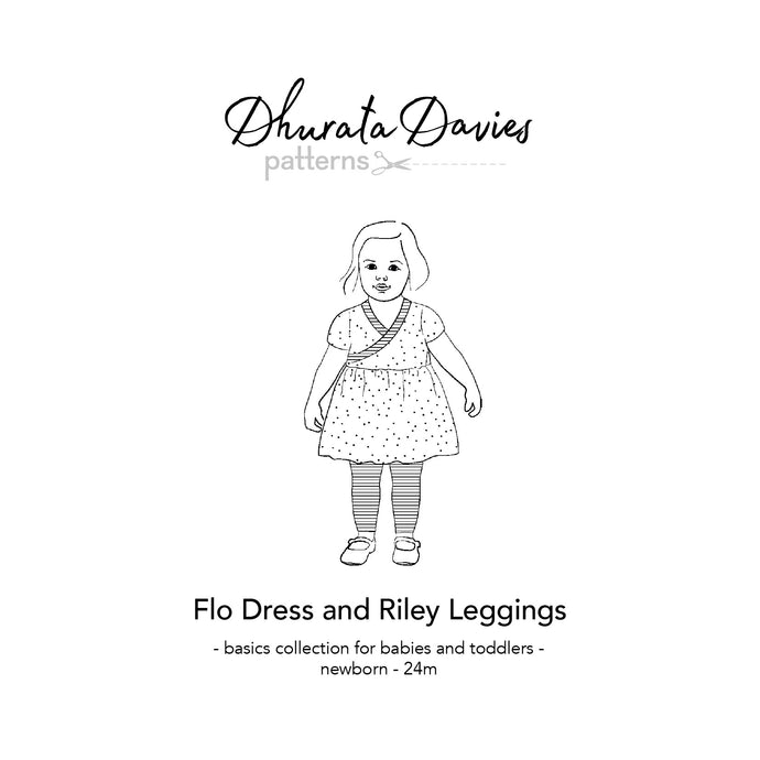 flo dress and riley leggings sewing pattern for babies and toddlers by dhurata davies, front diagram, illustration of a little girl wearing a polka dot flo dress with a striped trim and striped leggings