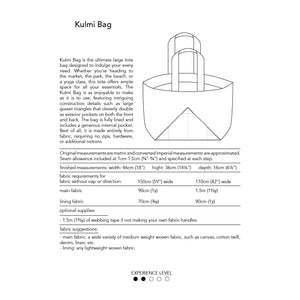 kulmi bag, sewing pattern by dhurata davies, back of packaging with info on measurements and fabric allowance