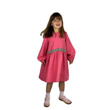 Load image into Gallery viewer, finished may pattern in coral pink linen fabric, view B with bishop sleeves, front view