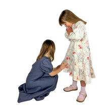 Load image into Gallery viewer, finished May dresses on models, elegant view A in grey linen crouched on the left, beautiful nani iro double gauze view A with bishop sleeves on the right