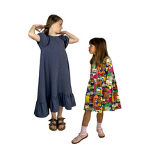 Load image into Gallery viewer, May dresses on models, long version with bottom frill and puff sleeves in grey linen and shorter version with gathered skirt and long sleeves in liberty fabric