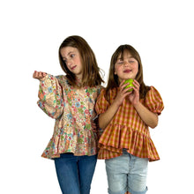 Load image into Gallery viewer, finished May tops on models, one in ditsy floral cotton poplin fabric, and the other in cotton gingham