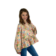 Load image into Gallery viewer, finished May top on model, made in floral cotton poplin fabric, side view