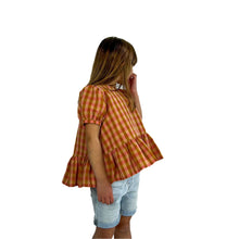 Load image into Gallery viewer, finished May top on model, view C with A sleeves in cotton gingham fabric