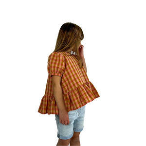 finished May top on model, view C with A sleeves in cotton gingham fabric