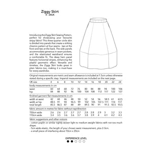 ziggy skirt sewing pattern by dhurata davies, back diagram, description, measurements and fabric allowance info in metres and centimetres 