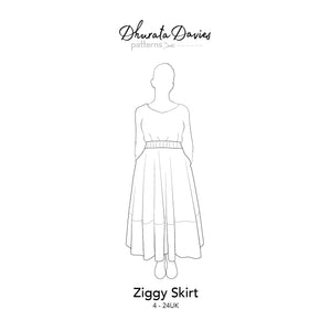 ziggy skirt sewing pattern by dhurata davies, front diagram of skirt with hands in pockets