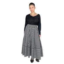 Load image into Gallery viewer, ziggy skirt sewing pattern by dhurata davies, front view, black and white striped poplin fabric